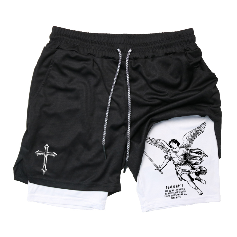 Running Gear For Men - エンジェルクロスグラフィック2in1ワークアウトランニングショーツ メンズ ジム アスレチック クイックドライショーツ スマホポケット付き