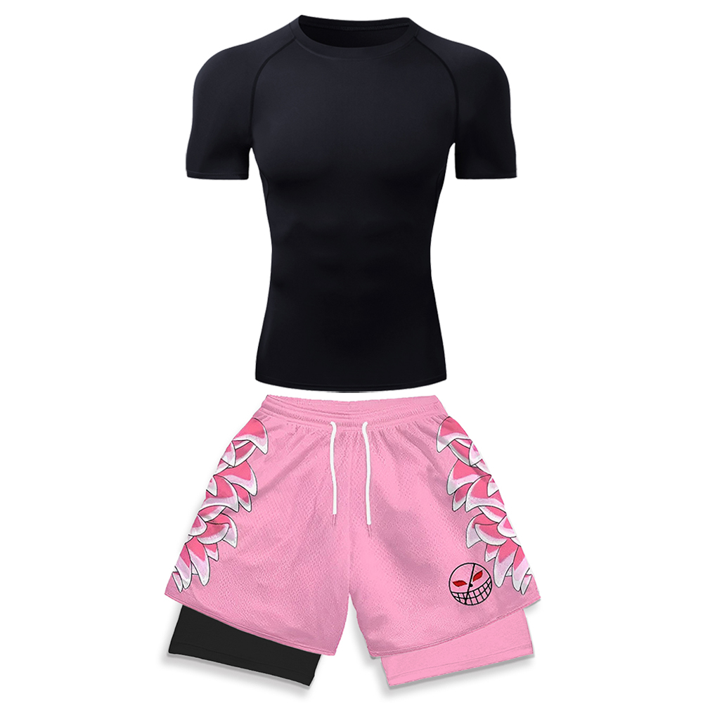 Running Gear For Men - 高弾性ワークアウトウェア男性用ホワイトコンプレッションTシャツ＆ピンク3Dグラフィックプリントランニングショーツアニメジムジョギングウェア