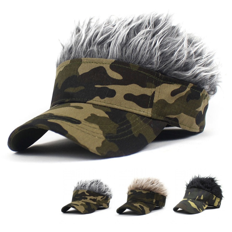 Running Gear Hat - アーミーグリーン迷彩プリントアンチ UV ゴルフ野球帽フェイクスパイクヘアスポーツランニングハットメンズ合成ウィッグサンシェードサンハット