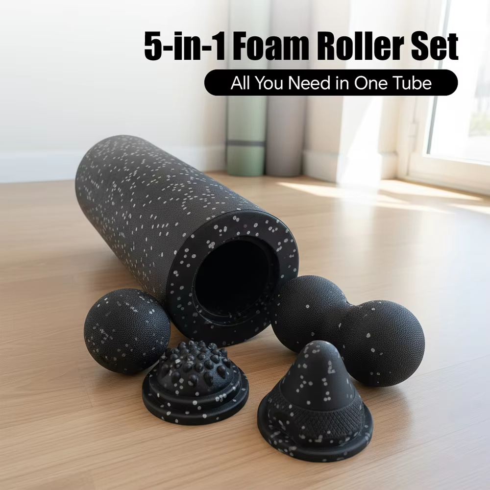 Muscle Roller Stick - 5-in-1筋膜ローラーセット 筋肉回復セット-振動フォームローラー＆ピーナッツマッサージボール 背中、首、脚のヨガワークアウト用